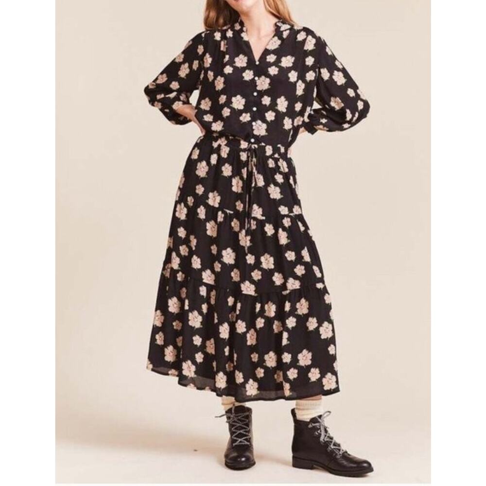 TROVATA Birds of Paradis Sz XS Ainsley B Black Gardenia Floral Midi Dress NWT